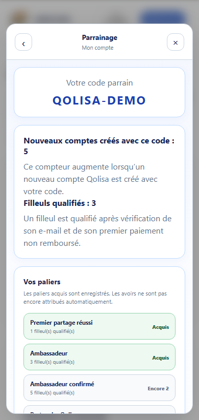 Espace Parrainage Qolisa sur smartphone avec code, filleuls et paliers