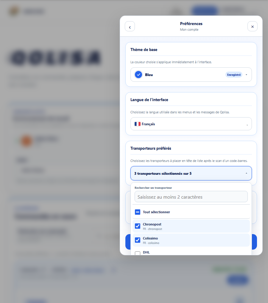 Préférences Qolisa sur tablette avec trois transporteurs favoris sélectionnés