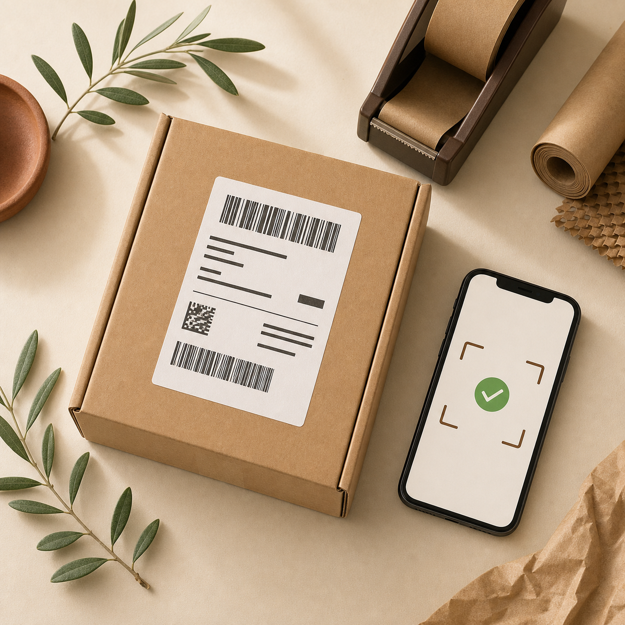 Un colis prêt à partir et un smartphone affichant une validation