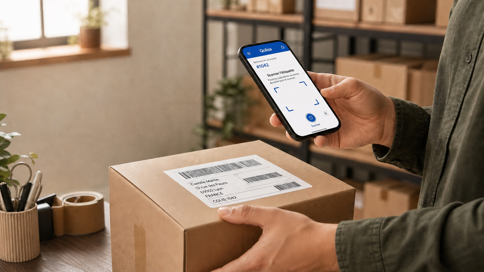 Une personne utilise Qolisa sur son smartphone pour scanner une étiquette postale factice